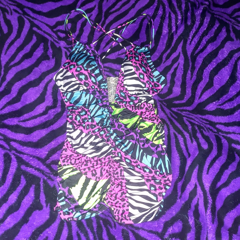 Neon Rhinestone Neck Animal Print Top